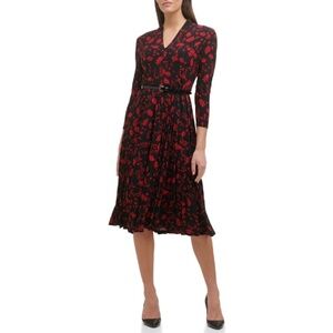 TOMMY HILFIGER Black & Red Pleated Floral Midi Dress